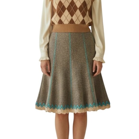 Tibi Embroidered Tweed Mid Skirt Sz S Tan Wool Blend A-Line Retro Cottage Twee - Picture 1 of 10